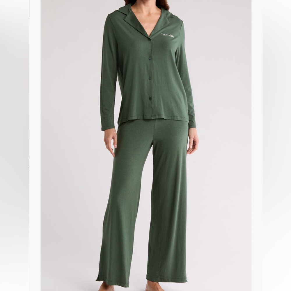 Calvin Klein Logo Button Up Cotton Modal Pajama Shirt & Pant Set Kells Green - S
